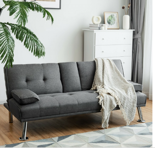 Convertible Folding Futon Sofa Bed Fabric with 2 Cup Holders-Grey