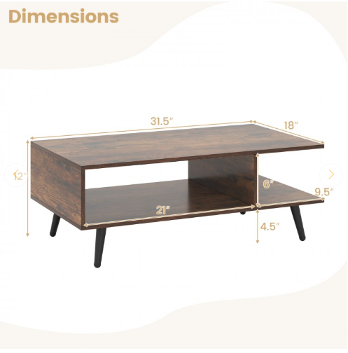 Mid Century Modern Rectangle Coffee Table 2-Tier -Rustic Brown (Assembled)