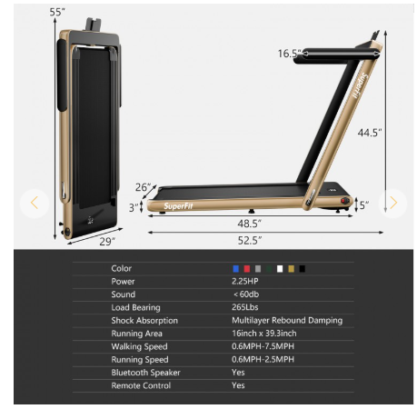SPECIAL - 2.25HP Folding Treadmill with Remote Control-Gold (Customer Return)