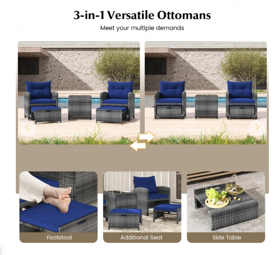 5 Pieces Patio Rattan Sofa Ottoman Furniture Set with Cushions-Ours is Grey (Fully Assembled)