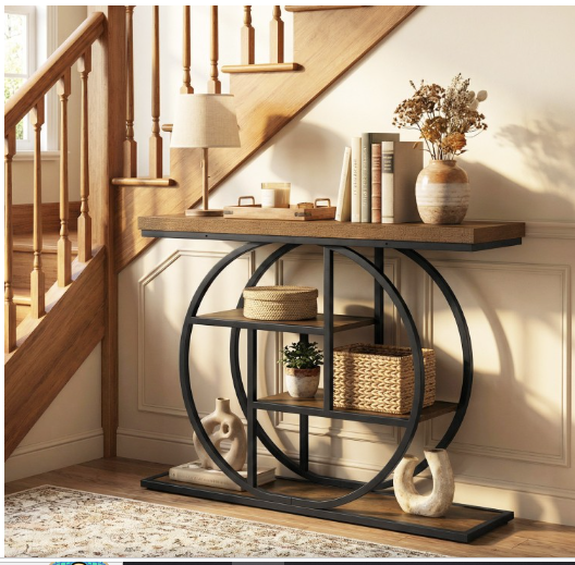 4-Tier Console Table 41 Inches Entryway Table with Storage Shelves-Brown (Assembled)