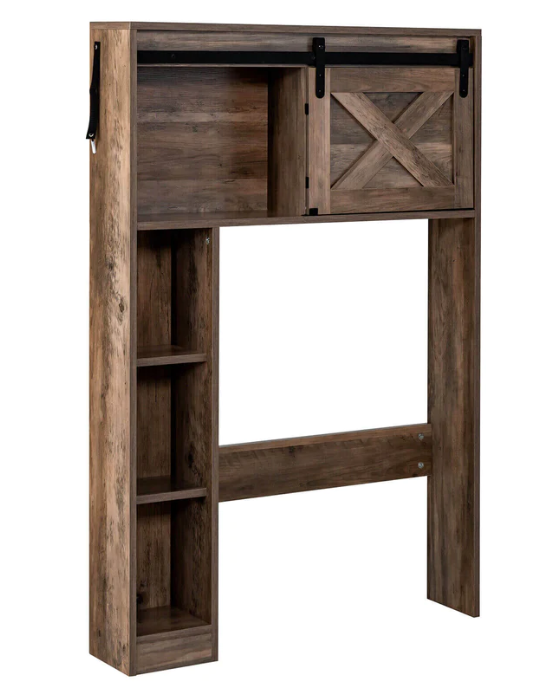 4-Tier Over The Toilet Storage Cabinet with Sliding Barn Door and Storage Shelves-Brown