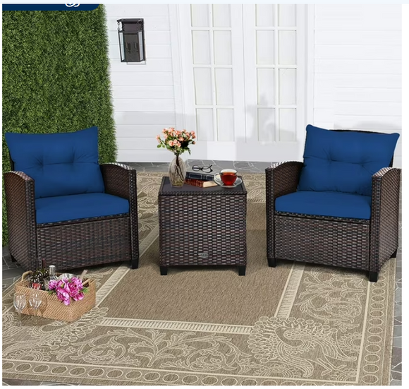 3PCS Patio Rattan Furniture Set Cushioned Conversation Set Coffee Table Navy (1 Box-unassembled)