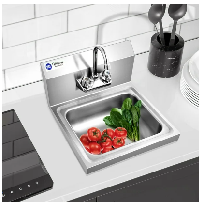 Stainless Steel Sink Wall Mount Hand Washing Sink with Faucet and Back Splash