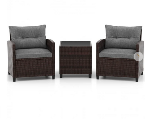 3 Pieces Patio Furniture Set with Tempered Glass Coffee Table-Grey - (Assembled)