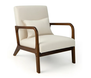 Modern Accent Chair Leisure Armchair with Rubber Wood Frame & Lumbar Pillow Beige