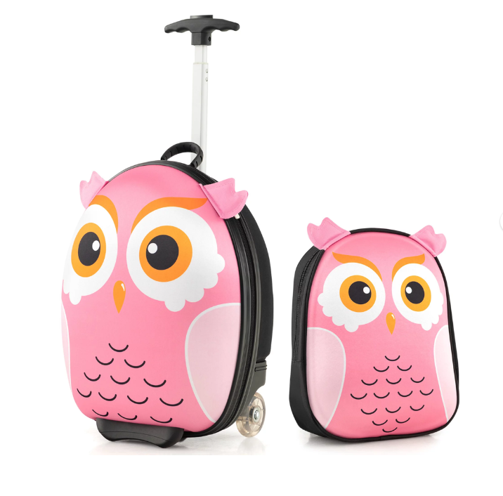 2PCS Kids Carry On Luggage Set 16'' Owl Rolling Suitcase with 12'' Backpack Travel Pink
