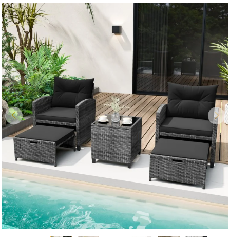 5 Piece Patio Rattan Furniture with 2 Ottomans and Tempered Glass Coffee Table-Black (Assembled)