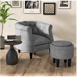 Modern Accent Chair with Ottoman Armchair Barrel Sofa Chair and Footrest-Grey