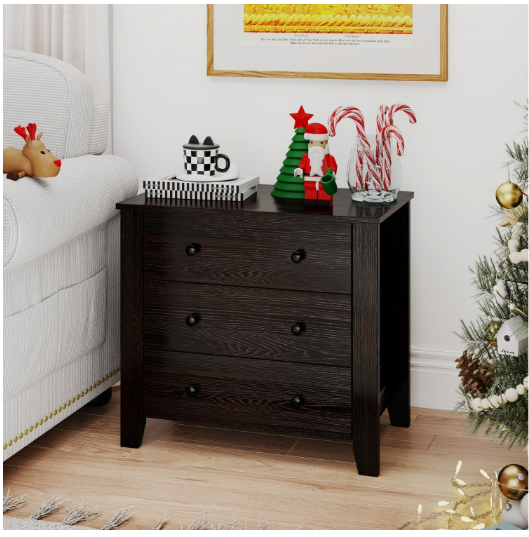 3 Drawer Dresser Chest of Drawers Bedside Table-Black Wood Grain (Assembled)