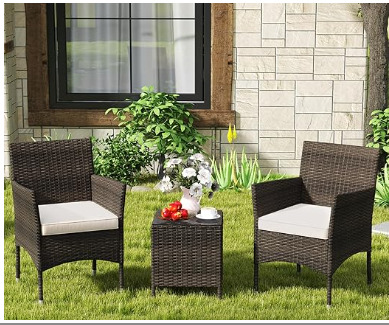 3Pcs Patio Rattan Furniture Set Cushioned Sofa and Glass Tabletop Deck-Beige (Assembled)