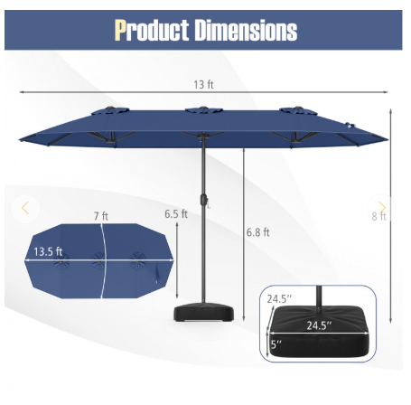 13 Feet Double-Sided Patio Twin Table Umbrella with Crank Handle-Navy (Assembled)