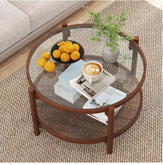 31 Inch 2-Tier Round Coffee Table with Tempered Glass Top for Living Room-Cherry (Assembled)