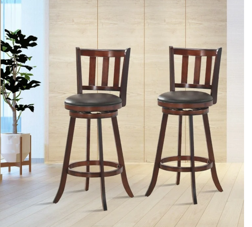 Set of 2 Wood Swivel Counter Height Dining Pub Bar Stools with PVC Cushioned Seat