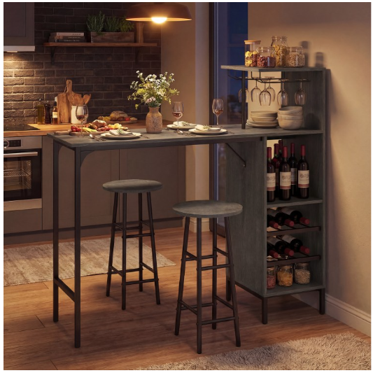 3 Piece Bar Table and Chairs Set with 6-Bottle Wine Rack-Oak (Scratch and Dent) - Assembled