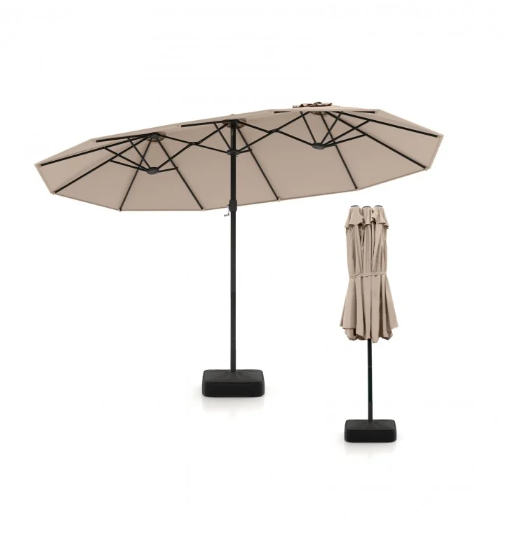 15 Feet Double-Sided Twin Umbrella and Base-Beige
