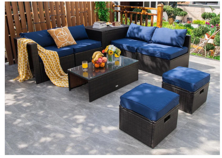 8 Pieces Patio Rattan Furniture Set with Storage Box and Waterproof Cover-Navy