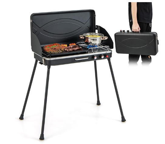 2-Burner Propane Camping Stove, Portable Gas Grill Cooker with Removable Leg Stand