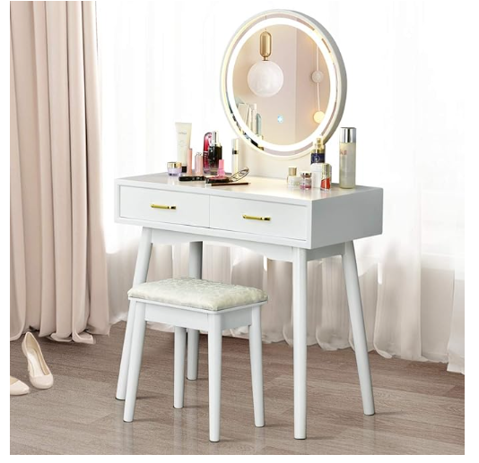 Vanity Set with Lighted Mirror, Table and Cushioned Stool-  (White)  Assembled