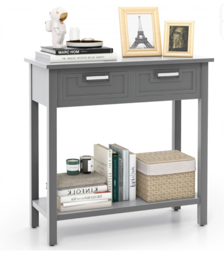 Narrow Console Table with Drawers and Open Storage Shelf-Grey