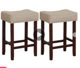 Set of 2 Tufted Saddle Bar Stools 24'' Height w/ Fabric Seat & Wood Legs, Beige