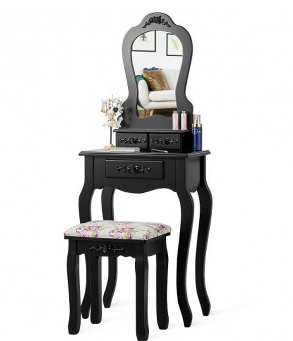 Makeup Dressing Table And Bench 3 Drawers And Cushioned Stool For Girls-Black