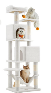 (Unassembled) - Cat Condo, cat  tree, 61-Inch Cat Tower with 5 Scratching Posts, 2 Perches, 2 Caves, Hammock, 2 Pompoms, Cream White (1 Box, Unassembled)