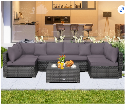 7 Pieces Patio Rattan Furniture Set Sectional Sofa Garden -Gray - 3 Boxes, Unassembled