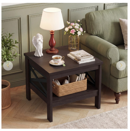 2-Tier Square Side Table with Storage Shelf and X-Frame for Bedroom Living Room-Brown