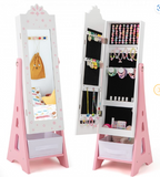 Kids Jewelry Cabinet with Full-Length Mirror and Foldable Drawer, White/Pink