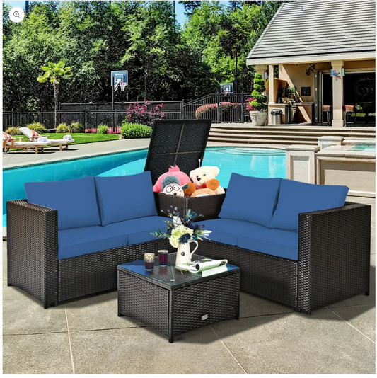 4 Pieces Patio Furniture Set with Cushioned Loveseat and Storage Box and Cover -Beige