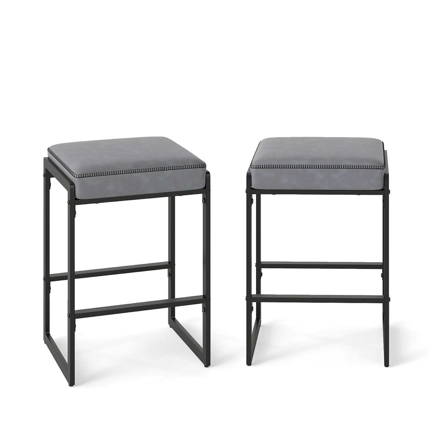 26 inch Bar Stools Set of 2 Counter Height Barstools with Faux Leather Upholstered Seat-Gray
