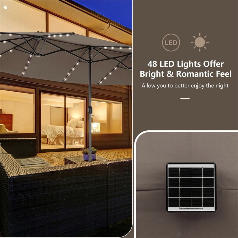 15 Feet Double-Sided Patio Umbrella with 48 LED Lights and Base, Tan