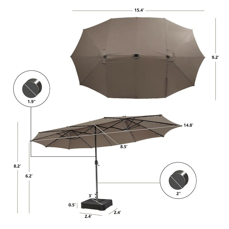 15 Feet Double-Sided Patio Umbrella with 48 LED Lights and Base, Tan