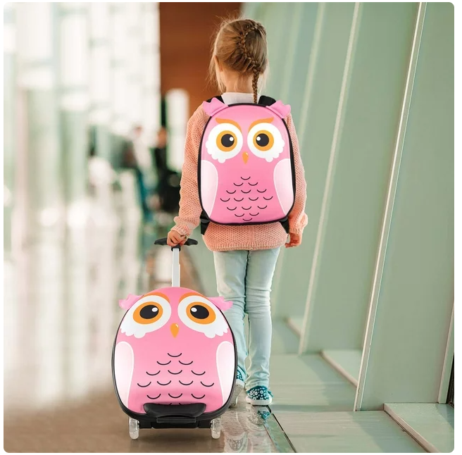 2PCS Kids Carry On Luggage Set 16'' Owl Rolling Suitcase with 12'' Backpack Travel Pink