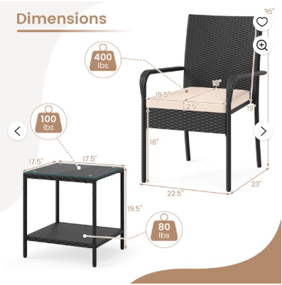 3 Piece Patio Furniture Set with Seat Cushions and Glass Tabletop, Grey Wicker,White Cushions - Assembled