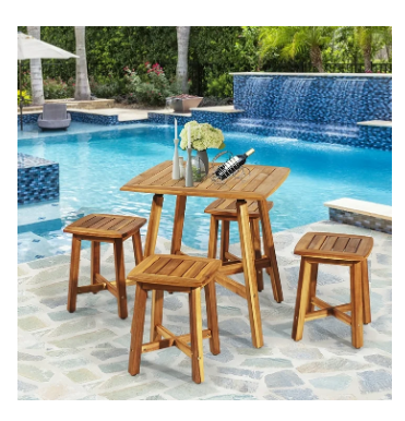 5PCS Acacia Patio Dining Set W/Square Table & 4 Stools Reddish Brown - (Scratch and Dent)