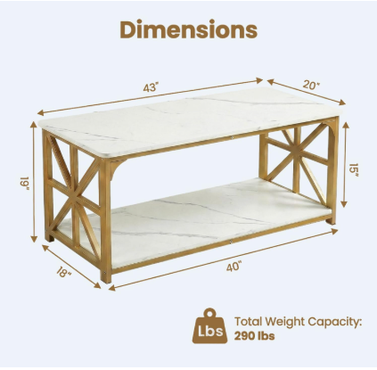43" 2-Tier Coffee Table with Storage, White+Gold