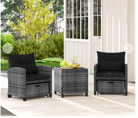 5 Piece Patio Rattan Furniture with 2 Ottomans and Tempered Glass Coffee Table-Black (Assembled)