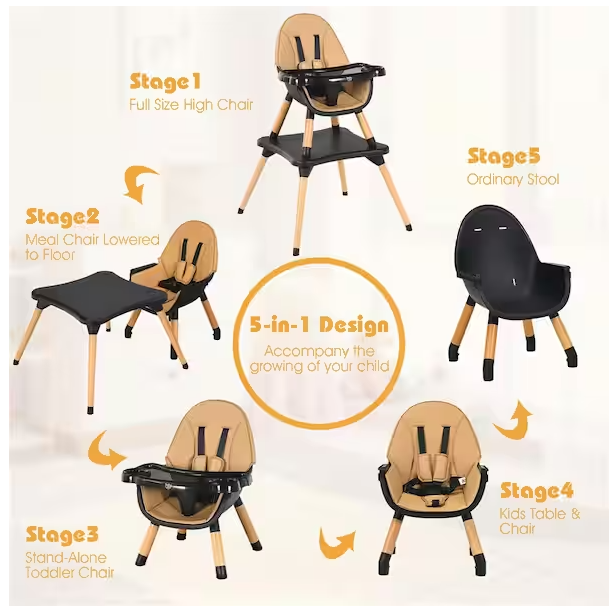 Coffee 5-in-1 Baby High Chair Infant Wooden Convertible Chair 5-Point Seat Belt