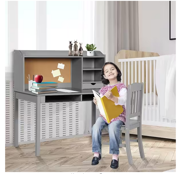 Kids Desk and Chair Set Study Desk with Bookshelves-Gray - Scratch and Dent