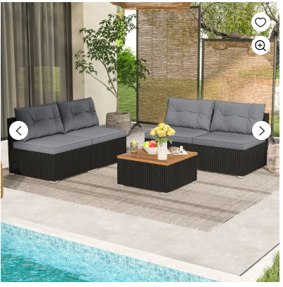 5 Pieces Outdoor Patio Furniture Set Sectional Rattan Sofa and Acacia Wood Coffee Table (Fully Assembled)-Gray