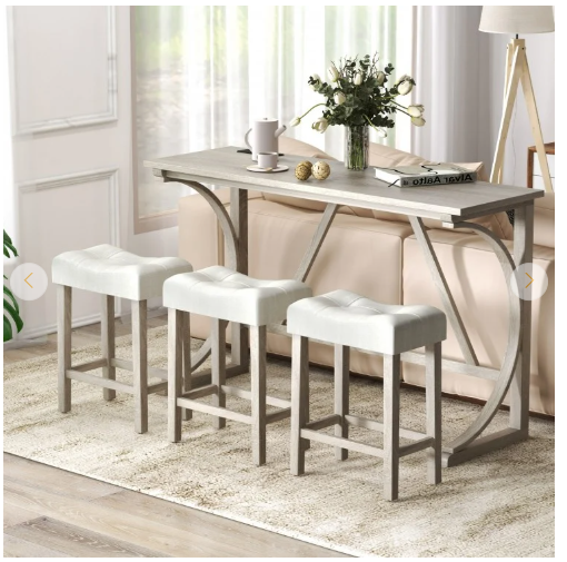 4-Piece Bar Table Set with Power Outlet and Upholstered Saddle Seat Stools (Fully Assembled)