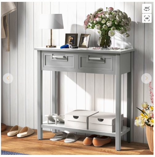 Narrow Console Table with Drawers and Open Storage Shelf-Grey