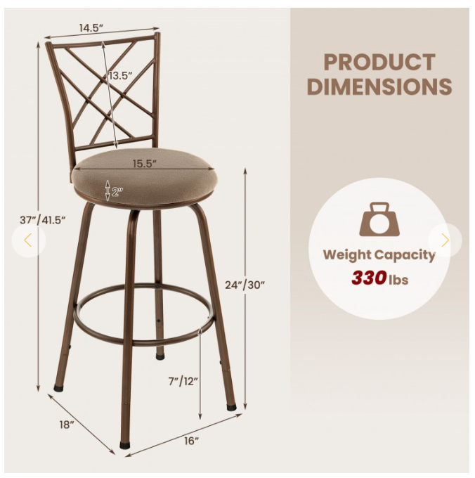 2 Pieces Swivel Pluch Fabrice Cushioned Bar Stool Set-Brown
