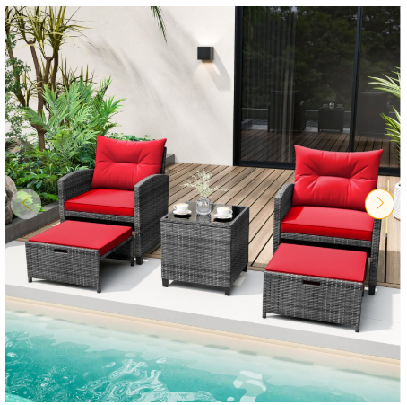 5 Piece Patio Rattan Furniture with 2 Ottomans and Tempered Glass Coffee Table-RED (Fully Assembled)