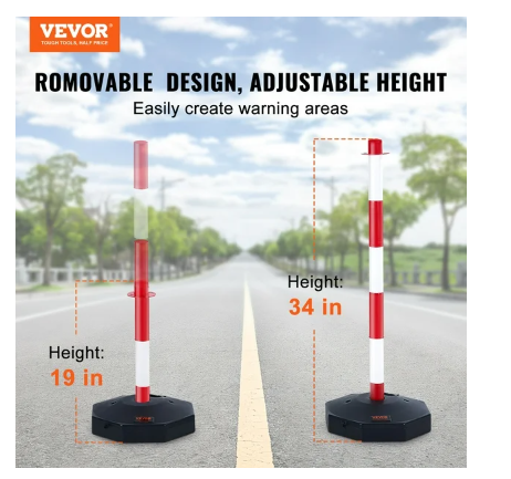 Adjustable Traffic Delineator Post Cones, 2 Pack, Traffic Safety Delineator Barrier with Fillable Base 8FT Chain, for Traffic Control Warning Parking Lot Construction Caution Roads, Red & White