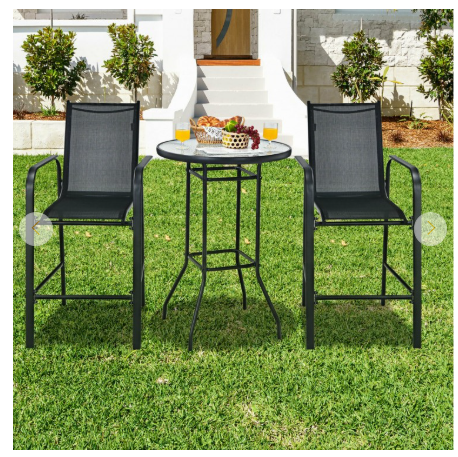 3 Pieces Outdoor Patio Bar Table Stool Set-Black (Assembled)