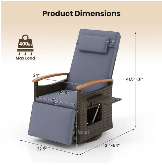 Patio Rattan 360° Swivel Recliner Chair with Adjustable Backrest and Footrest-Gray (Assembled)