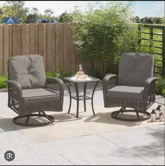 3-piece Steel Wicker Patio Swivel Chair Set with Dark Gray Cushions - Assembled